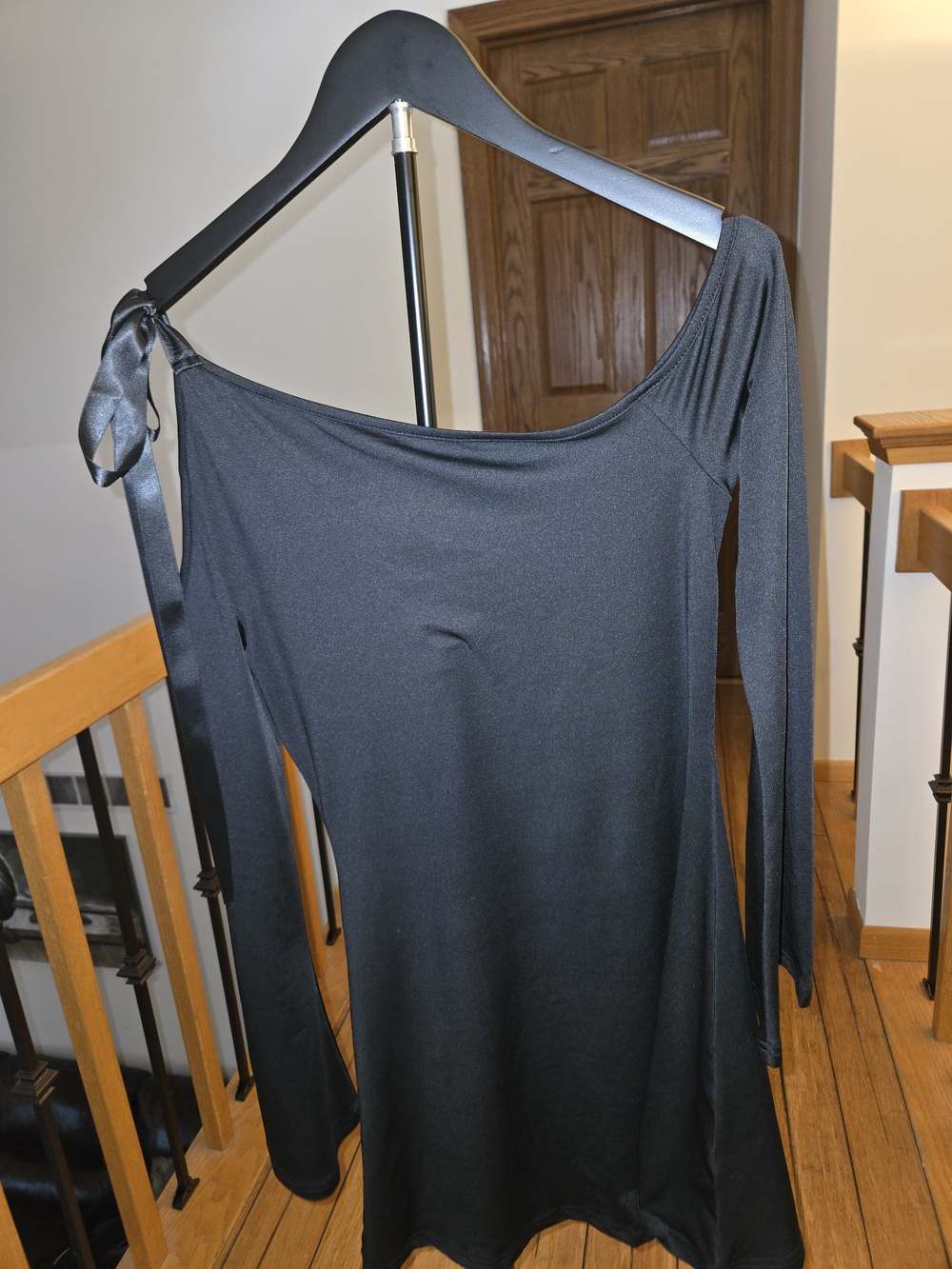 Black Ribbon Shoulder Long Sleeve Dress